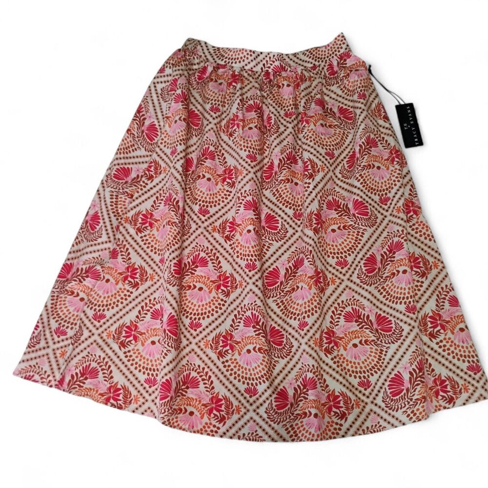 T.E. Tracy Evans Boho Cotton Midi Skirt Size M NWT Sand Cherry Pink Geometric